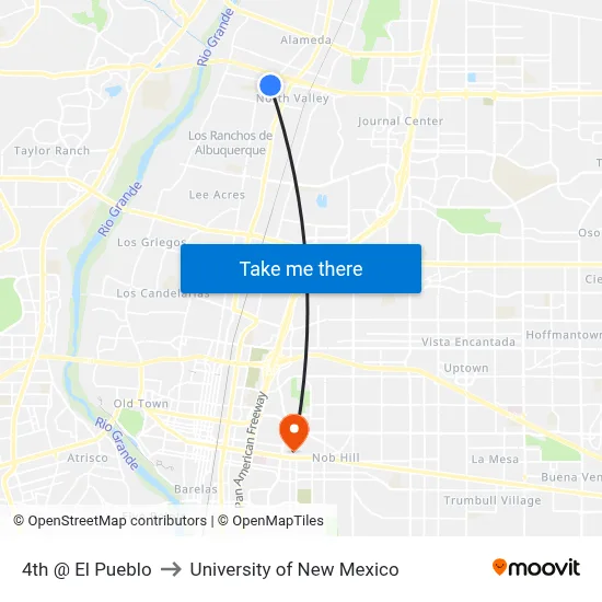 4th @ El Pueblo to University of New Mexico map