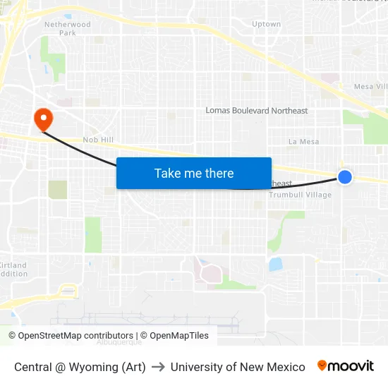 Central @ Wyoming (Art) to University of New Mexico map