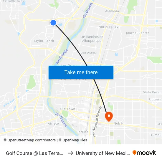 Golf Course @ Las Terrazas to University of New Mexico map
