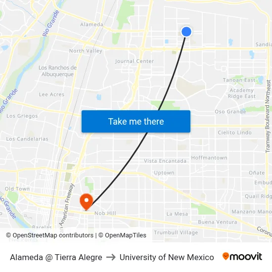 Alameda @ Tierra Alegre to University of New Mexico map
