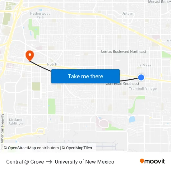 Central @ Grove to University of New Mexico map
