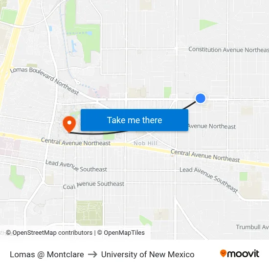 Lomas @ Montclare to University of New Mexico map