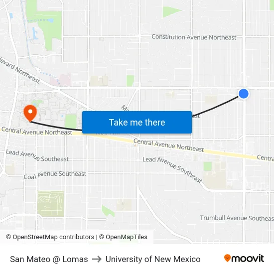 San Mateo @ Lomas to University of New Mexico map