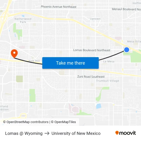 Lomas @ Wyoming to University of New Mexico map