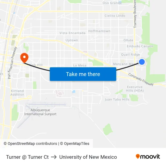 Turner @ Turner Ct to University of New Mexico map
