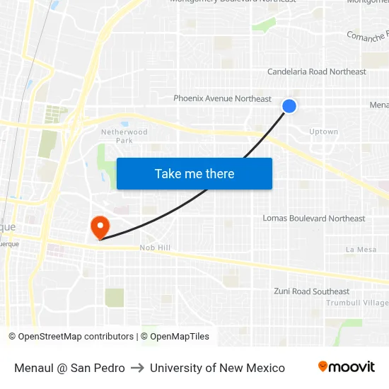 Menaul @ San Pedro to University of New Mexico map