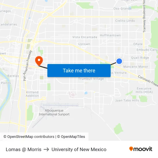 Lomas @ Morris to University of New Mexico map