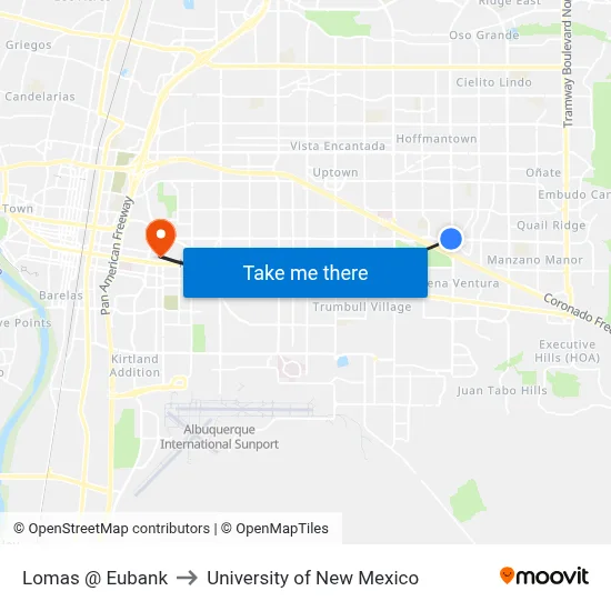Lomas @ Eubank to University of New Mexico map