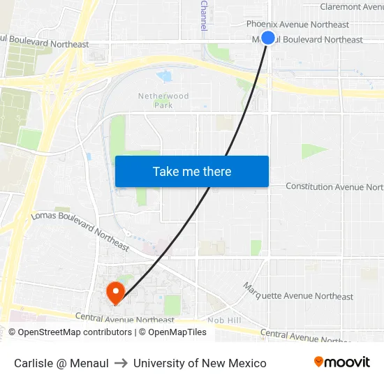 Carlisle @ Menaul to University of New Mexico map