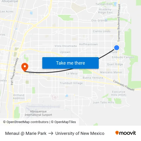 Menaul @ Marie Park to University of New Mexico map