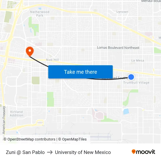 Zuni @ San Pablo to University of New Mexico map