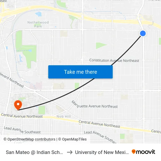 San Mateo @ Indian School to University of New Mexico map