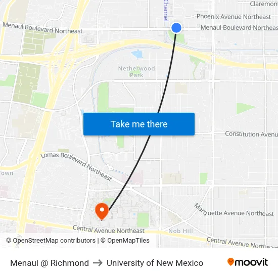Menaul @ Richmond to University of New Mexico map