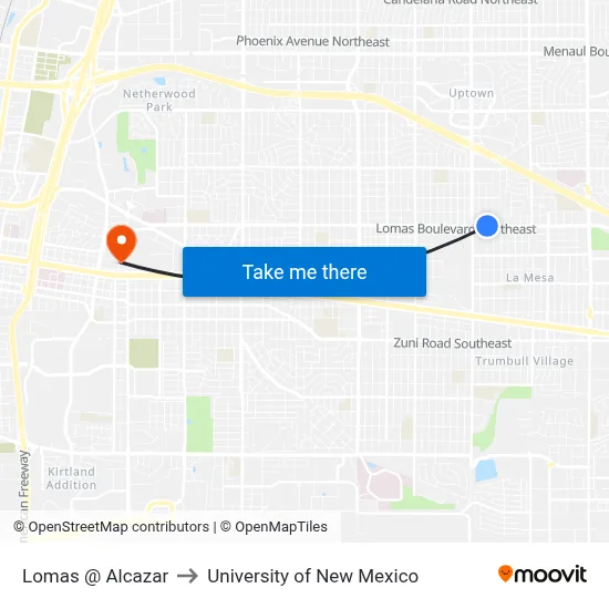 Lomas @ Alcazar to University of New Mexico map