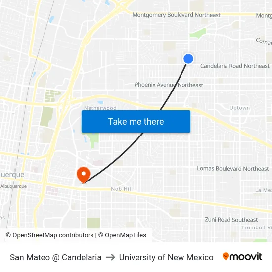 San Mateo @ Candelaria to University of New Mexico map