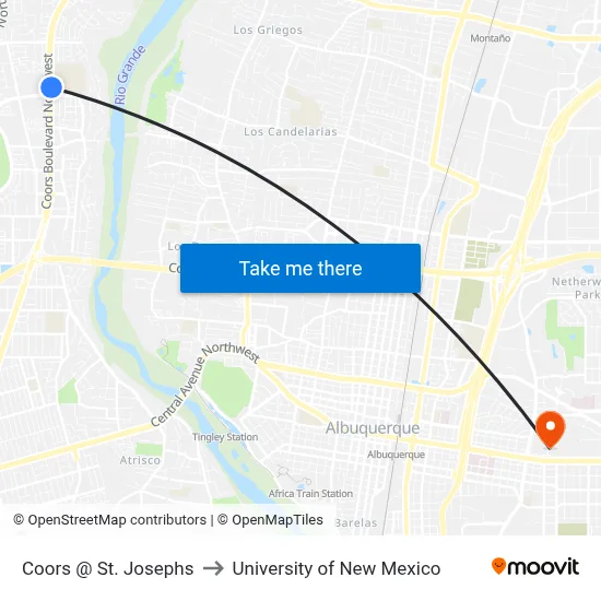 Coors @ St. Josephs to University of New Mexico map