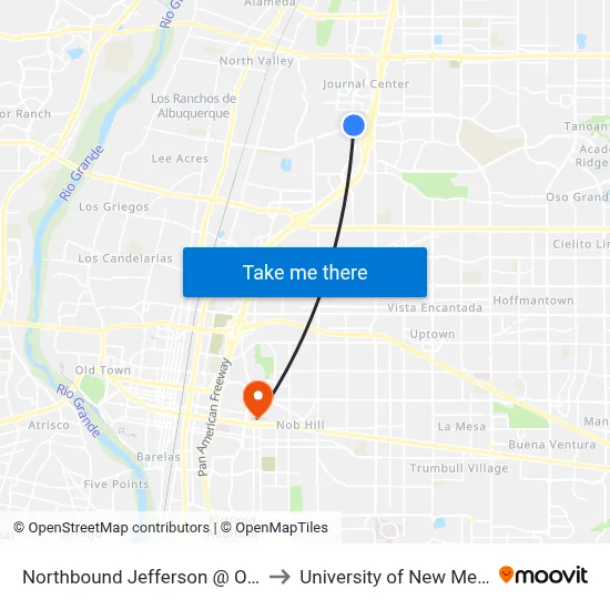 Northbound Jefferson @ Osuna to University of New Mexico map