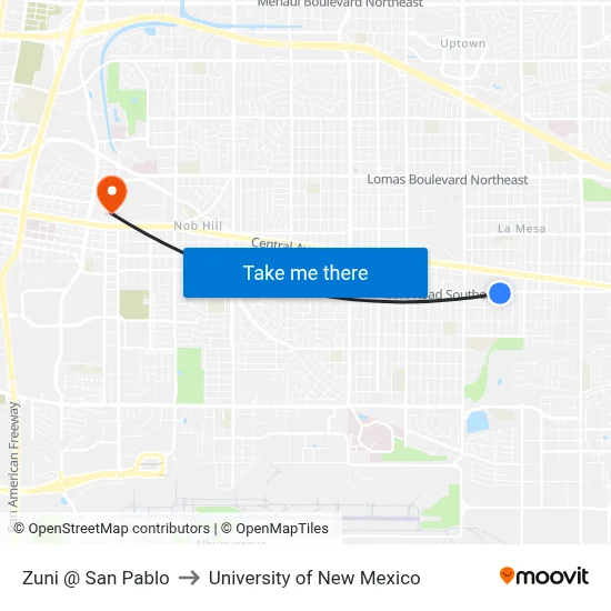 Zuni @ San Pablo to University of New Mexico map