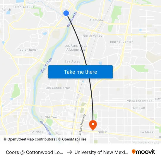 Coors @ Cottonwood Loop to University of New Mexico map