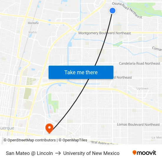 San Mateo @ Lincoln to University of New Mexico map