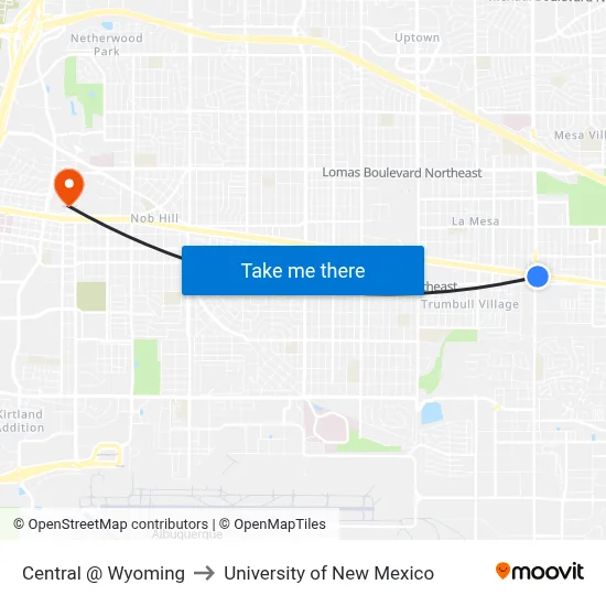 Central @ Wyoming to University of New Mexico map