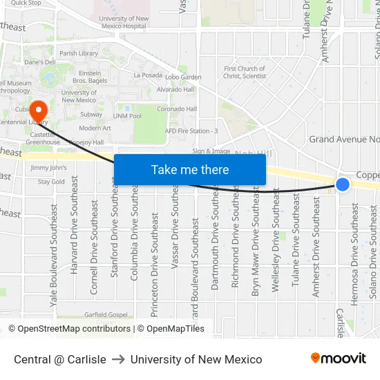 Central @ Carlisle to University of New Mexico map