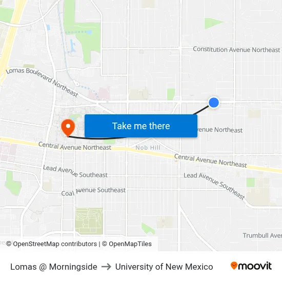 Lomas @ Morningside to University of New Mexico map