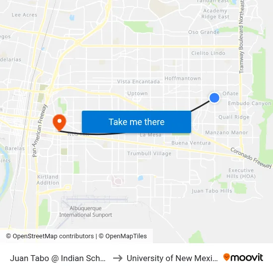 Juan Tabo @ Indian School to University of New Mexico map