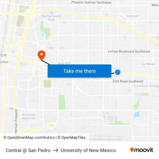 Central @ San Pedro to University of New Mexico map