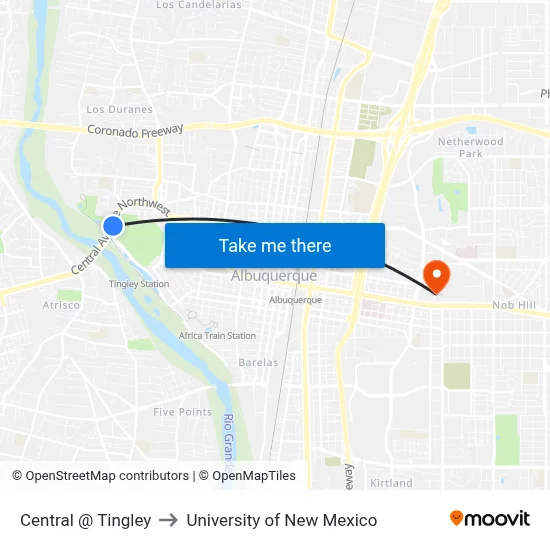 Central @ Tingley to University of New Mexico map