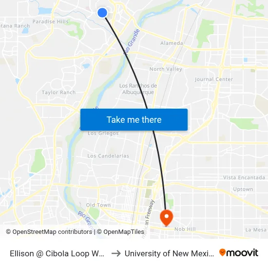 Ellison @ Cibola Loop West to University of New Mexico map