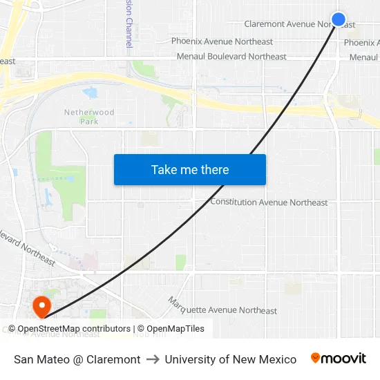 San Mateo @ Claremont to University of New Mexico map