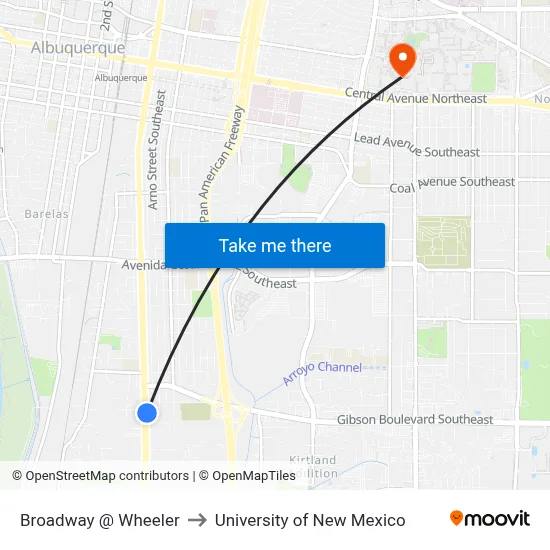 Broadway @ Wheeler to University of New Mexico map