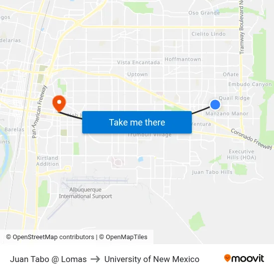 Juan Tabo @ Lomas to University of New Mexico map