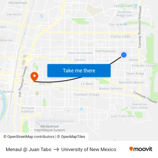 Menaul @ Juan Tabo to University of New Mexico map