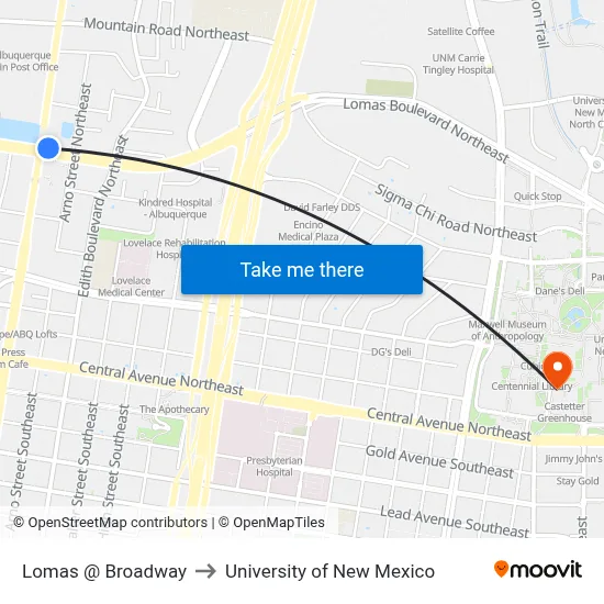 Lomas @ Broadway to University of New Mexico map