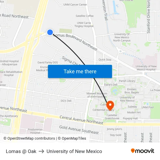 Lomas @ Oak to University of New Mexico map