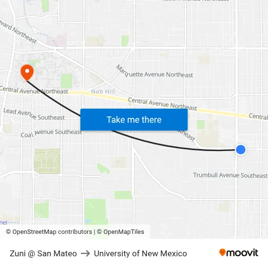Zuni @ San Mateo to University of New Mexico map