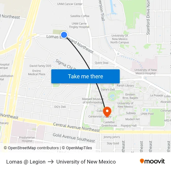 Lomas @ Legion to University of New Mexico map