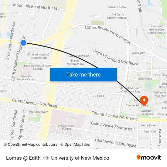 Lomas @ Edith to University of New Mexico map