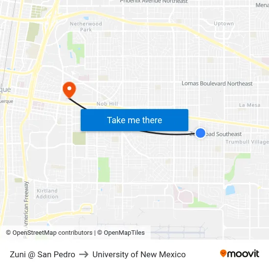 Zuni @ San Pedro to University of New Mexico map