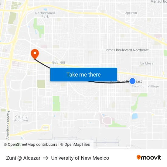 Zuni @ Alcazar to University of New Mexico map