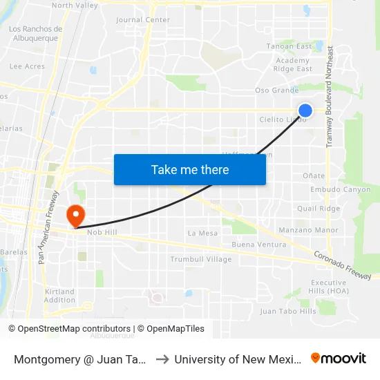 Montgomery @ Juan Tabo to University of New Mexico map