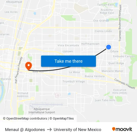 Menaul @ Algodones to University of New Mexico map