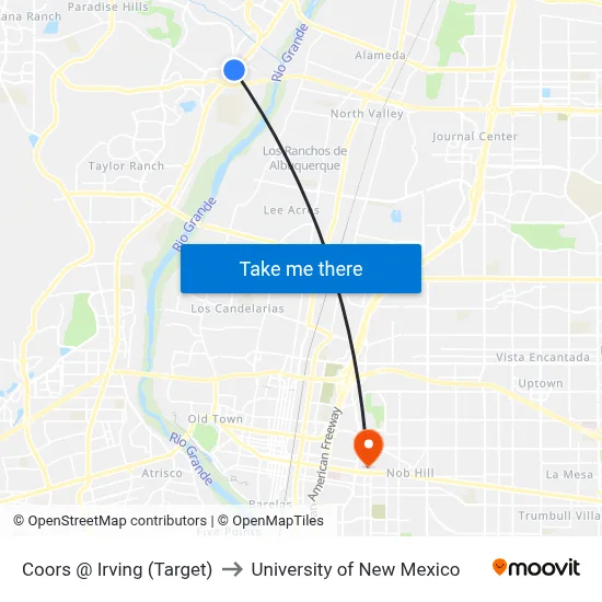Coors @ Irving (Target) to University of New Mexico map