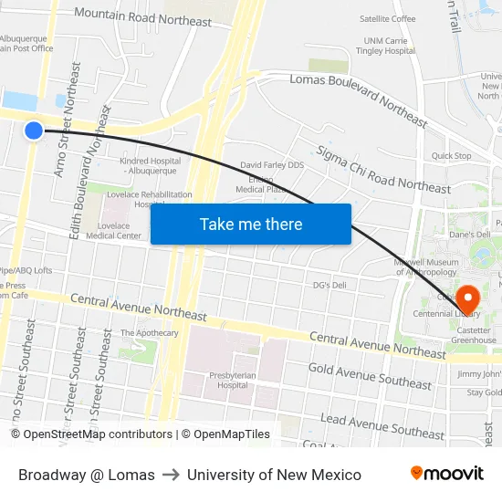 Broadway @ Lomas to University of New Mexico map