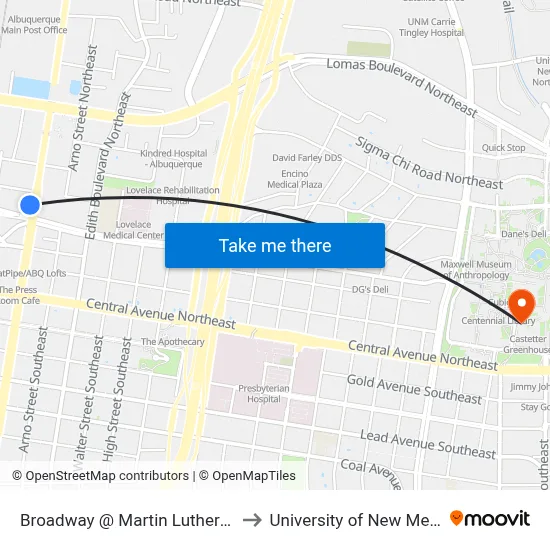 Broadway @ Martin Luther King to University of New Mexico map