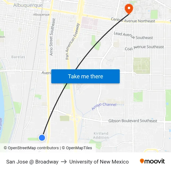 San Jose @ Broadway to University of New Mexico map