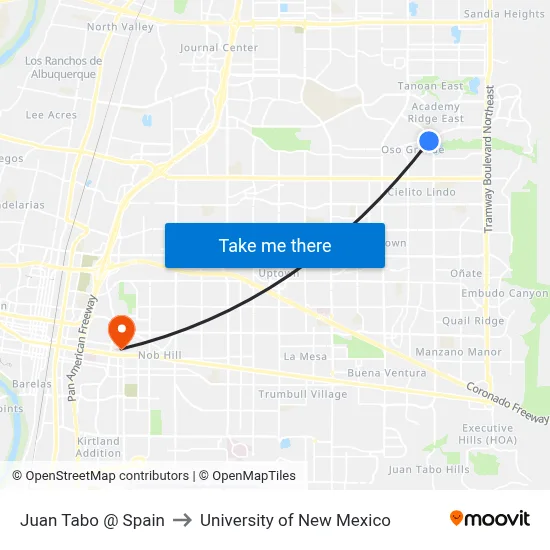 Juan Tabo @ Spain to University of New Mexico map
