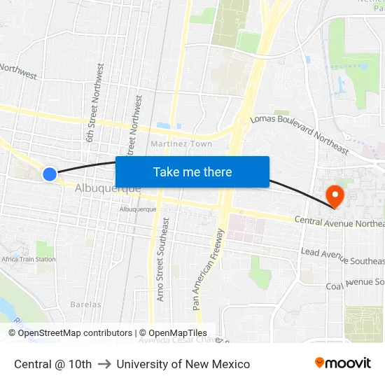 Central @ 10th to University of New Mexico map